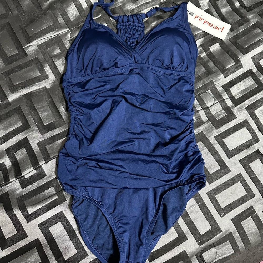 Firpearl navy blue women’s one piece , zigzag back, rushing midsection